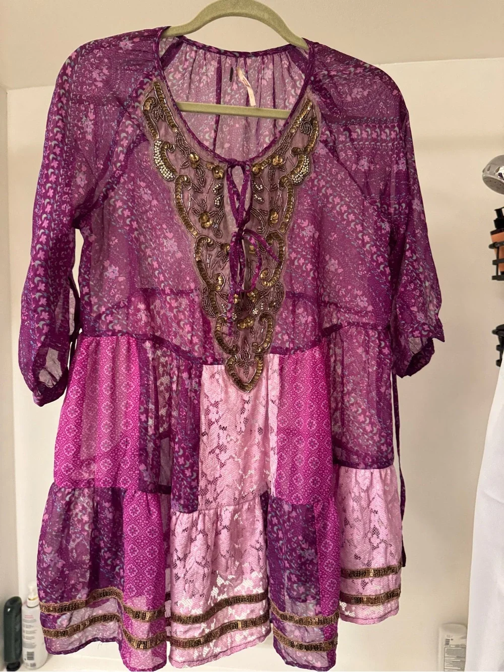 Free people Purple Pink Boho Peasant Tunic with Embellished Neckline
